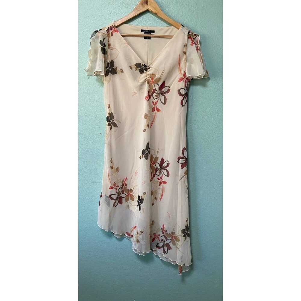 Y2K Inspired FLP Women's Cream Floral Midi Flutter Sleeve Dress Size 16